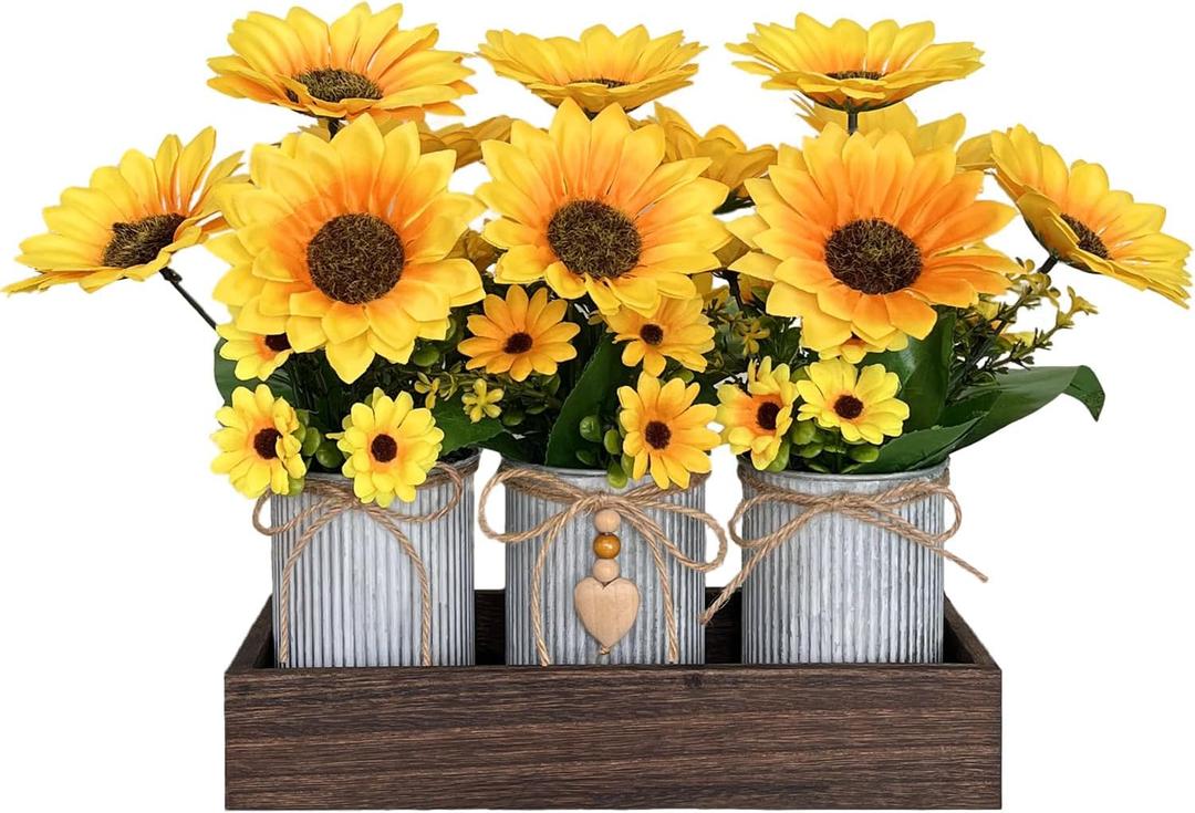 Sunflowers Artificial Flowers Decorations, Sunflower Table Centerpieces for Wedding, Artificial Flower Arrangement Farmhouse Dcor for Dining Room, Living Room, Coffee Table, Study Desk