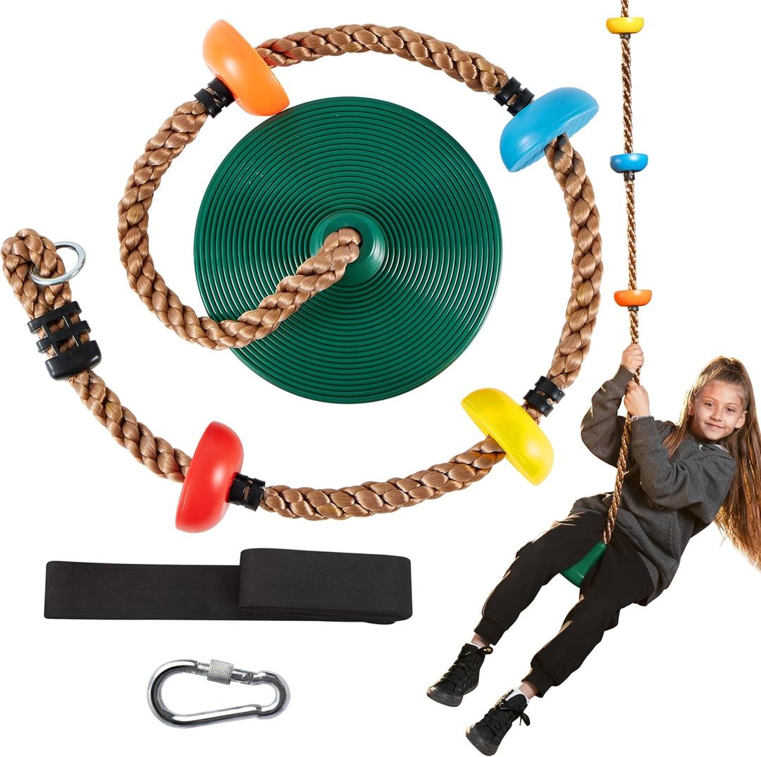TURFEE Tree Swing for Kids - Single Disc Seat and Climbing Rope Set w/Carabiner & 4 Ft Strap - Treehouse and Outdoor Playground Accessories - Green