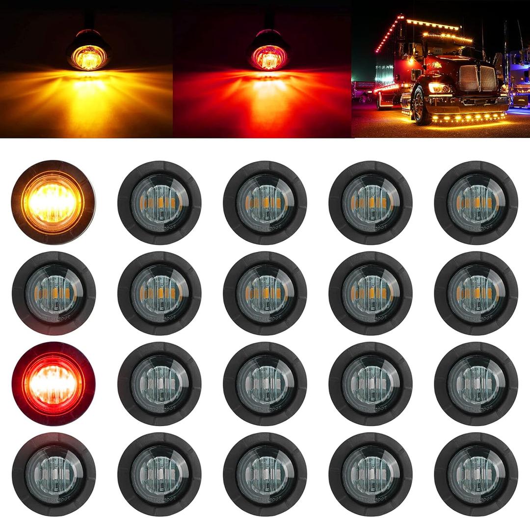 PSEQT 3/4" Round LED Side Marker Clearance Lights Front Rear Marker Indicators Tail Light Waterproof for Trailer Truck Car Bus Van Pickup RV Wrangler ATV UTV (20pcs Smoked Lens Red & Amber LED) (10Pcs Smoked Red, 10Pcs Smoked Amber)