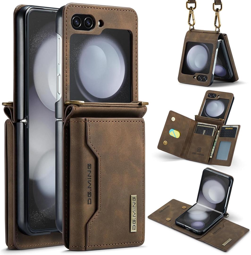 for Samsung Galaxy Z Flip 6 Case with Crossbody Wallet, 8 Cards Slot and Premium Leather Kickstand Vintage Card Holder (Coffee)