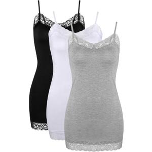 SATINIOR 3 Pcs Women Long Camisoles Lace Tank Tops Neck Cami Adjustable Spaghetti Strap Trim Lace Tank Top for Women Wearing (Gray, S)