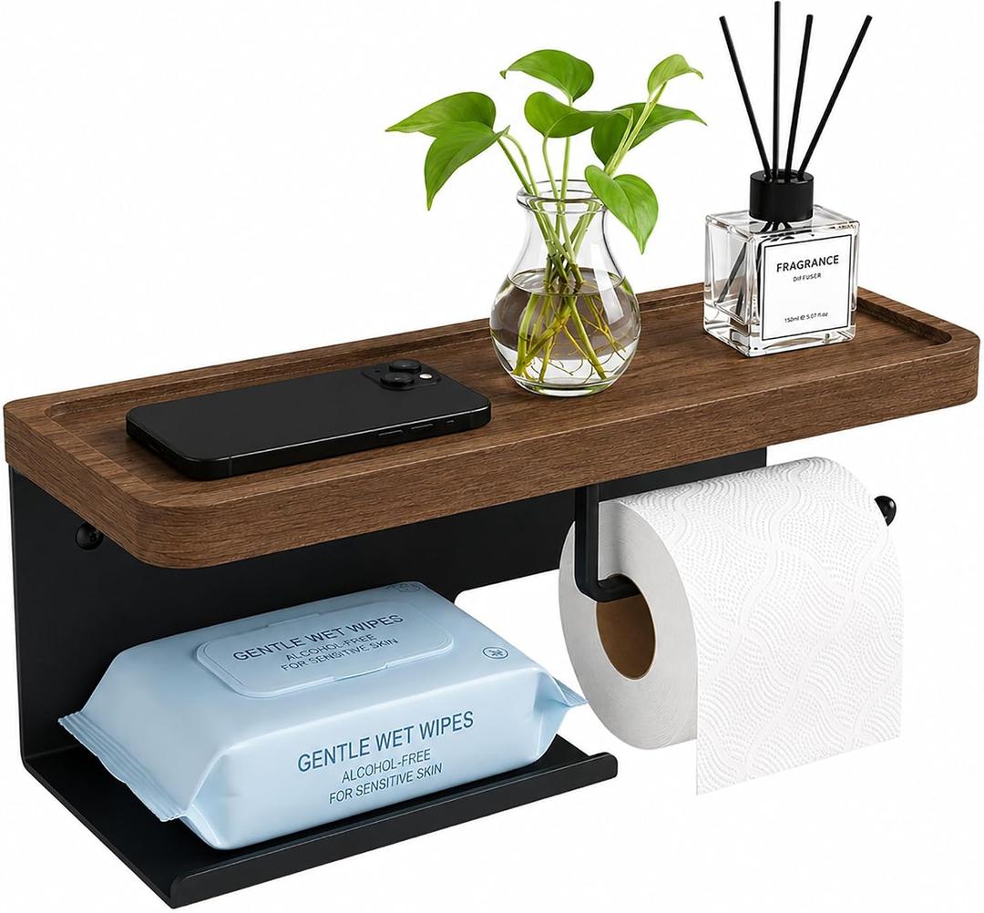 Toilet Paper Holder with Walnut Wide Shelf, Adhesive or Screw Wall Mount, SUS304 Stainless Steel Tissue Dispenser for Bathroom Washroom,Matte Black