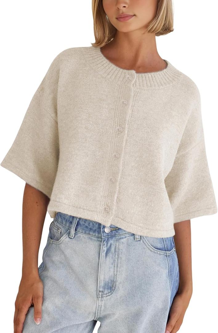 Springrain Cardigan Sweaters for Women Lightweight Knit Cropped Cardigan Button Up Solid Knitwear (Beige, XS)