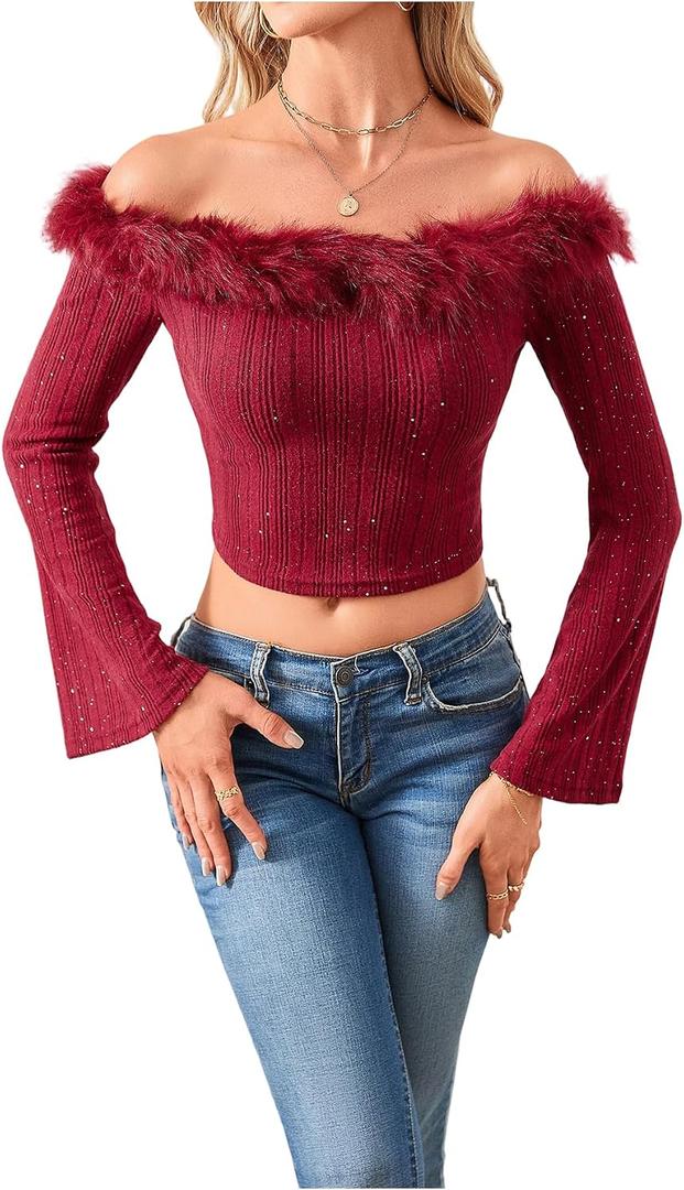 MakeMeChic Women's Faux Fur Crop Tops Bell Sleeve Off Shoulder Glitter Party Tee Shirts (M)