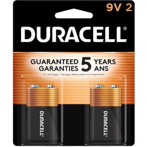 Duracell Coppertop 9V Battery, 2 Count Pack, 9-Volt Battery with Long-lasting Power, All-Purpose Alkaline 9V Battery for Household and Office Devices