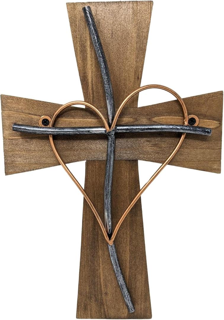 BestGiftEver Wooden Wall Cross With Heart-Shaped Metal Accent - Decorative Wall Cross For Christian Wall Decor And Religious Art Collectors - Rustic Wood Cross Spiritual Wall Decor