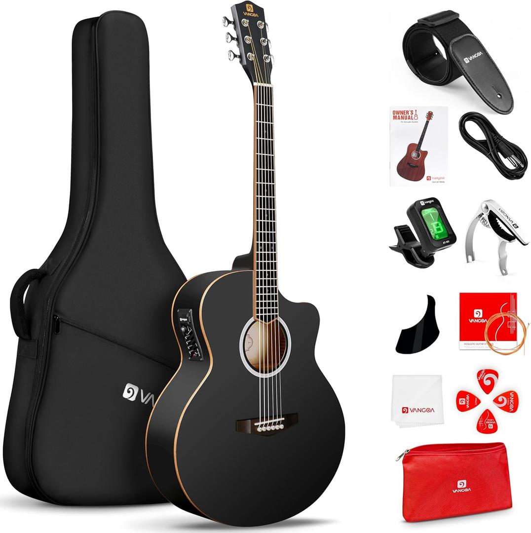 Vangoa Acoustic Electric Guitar Kit, 41" Jumbo Electro-acoustic Guitars Beginner Set, Cutaway Wood Binding Guitar Bundle with Pickup & EQs, Starter Intermediate Guitar for Adults Teens, Matte Black