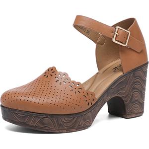 Altxic Women's Closed Round Toe Hollow Out Vamp Ankle Strap Buckle Low Block Chunky Heels Sandals Camel 6.5-7 US