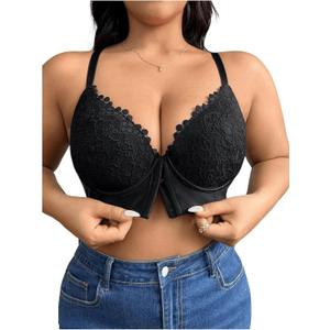 WDIRARA Women's Plus Size Front Closure Lace Bralette V Neck Push Up Sexy Bras High Support Bra (3X-Large Plus, Black)