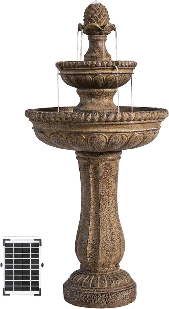 XBrand 39" Solar Water Fountain, 2-Tier Outdoor Sand Stone Resin with Solar Panel & Pump for Home Garden Yard Decor