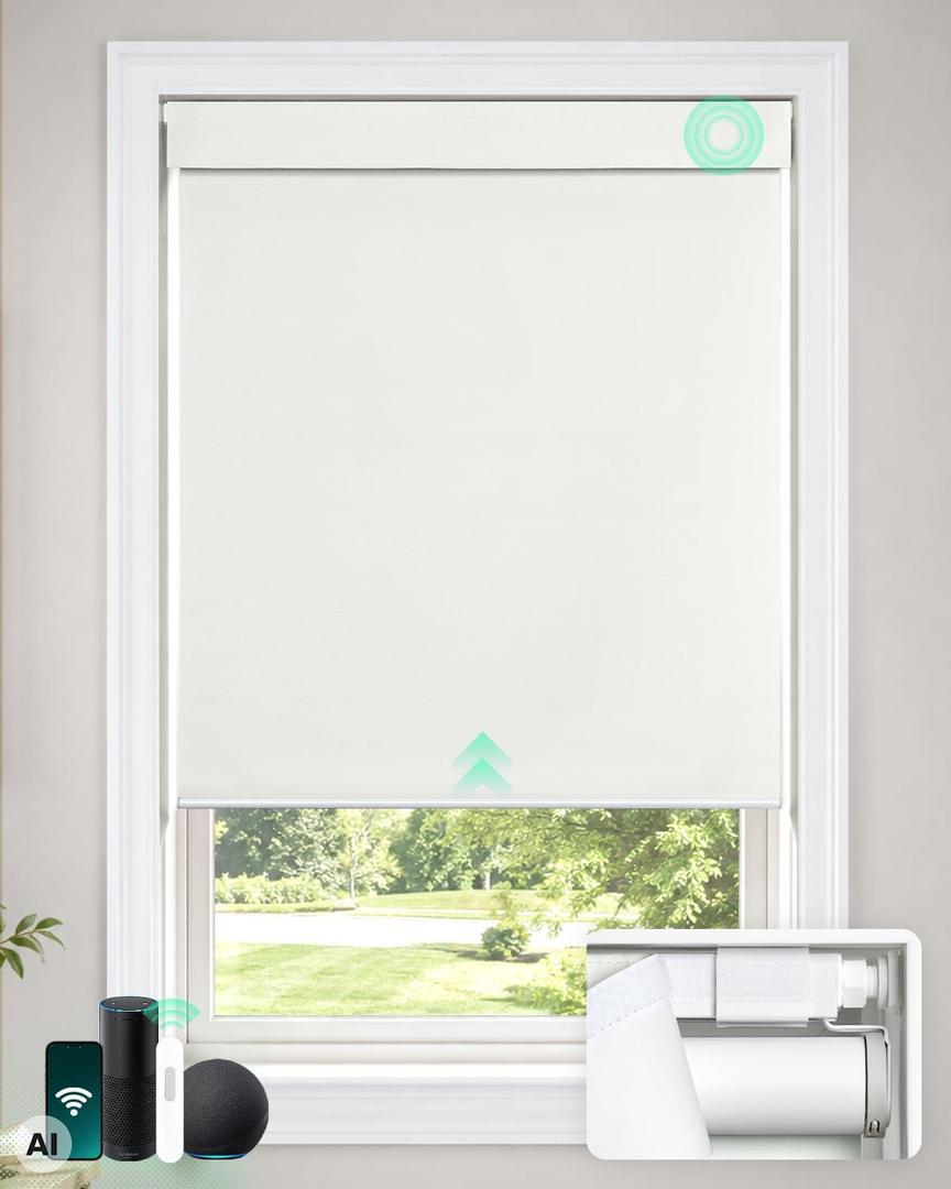 LazBlinds Motorized No Drill Blackout Roller Shades, 36" W x 72" H, White