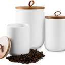 White Canister Sets for Kitchen, 3pcs Ceramic Canisters with Airtight Wooden Lid, Food Storage Jar, Large Kitchen Storage Containers for Serving Coffee Beans, Tea, Sugar, Salt, Spices