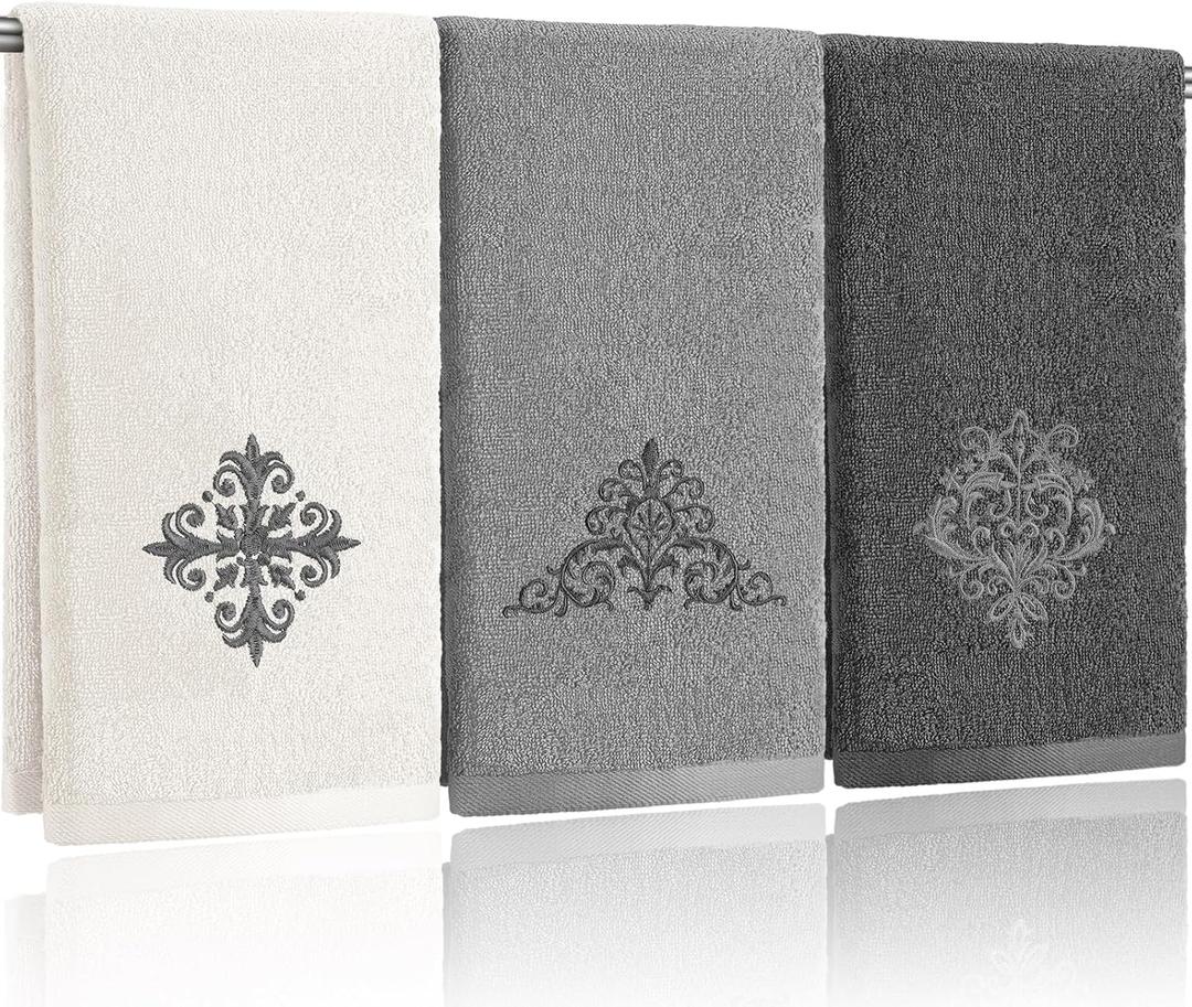 3 Pcs Decorative Gray Hand Towels for Bathroom Kitchen 13.3 x 29.5'' Farmhouse Damascus Luxury Embroidered 100% Cotton Towels Art Decor for Bathroom Kitchen