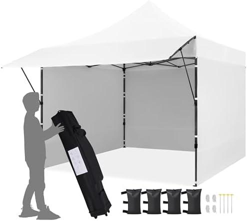Yaheetech 10x10 Pop up Commercial Canopy Tent with 3 Removable Sidewalls & Awning, Portable Freestanding Shelter, Outdoor Heavy Duty Party Canopies W/Roller Bag, 4 Sandbags, Stakes & Ropes, White