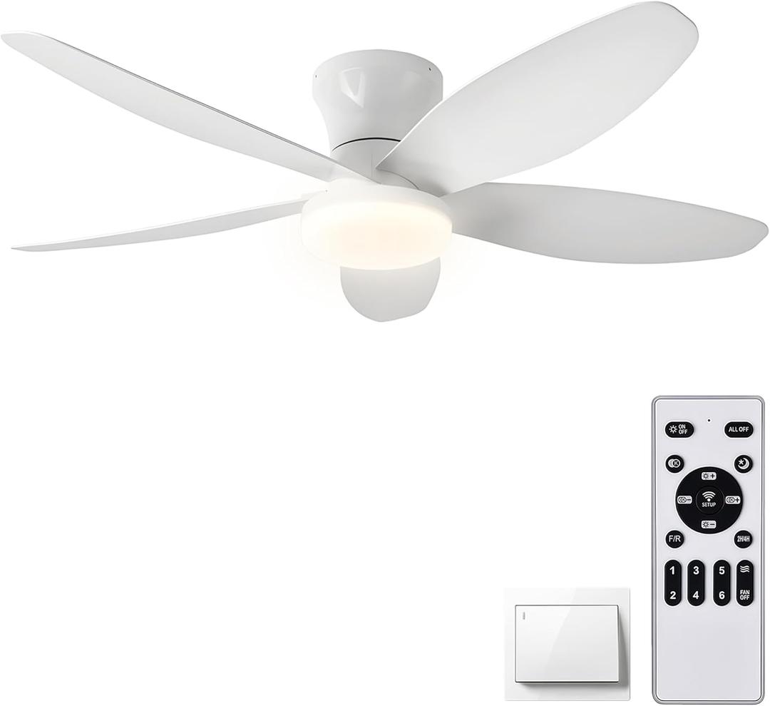 42" Low Profile Flush Mount Ceiling Fan with Lights & Remote, Dimmable 3-Color LED, 6 speed wind, Reversible DC Motor,Timer, Memory Function - Quiet Bedroom & Patio Fan for Indoor/Outdoor Use (White)