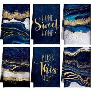 Bencailor 6 Pcs Blue and Gold Kitchen Towels Marble Dish Hand Towels Farmhouse Absorbent Tea Washcloths for Bathroom Kitchen Decor Winter Decorations Gifts 24 x 16''