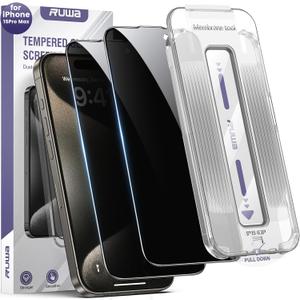 ruwa Screen Protector for iPhone 15 Pro Max 2-Pack Privacy Tempered Glass Film with Auto Dust-Elimination Alignment Kit, 9H Hardness Drop Protection, Scratch Resistant, Full Coverage, Bubble-Free