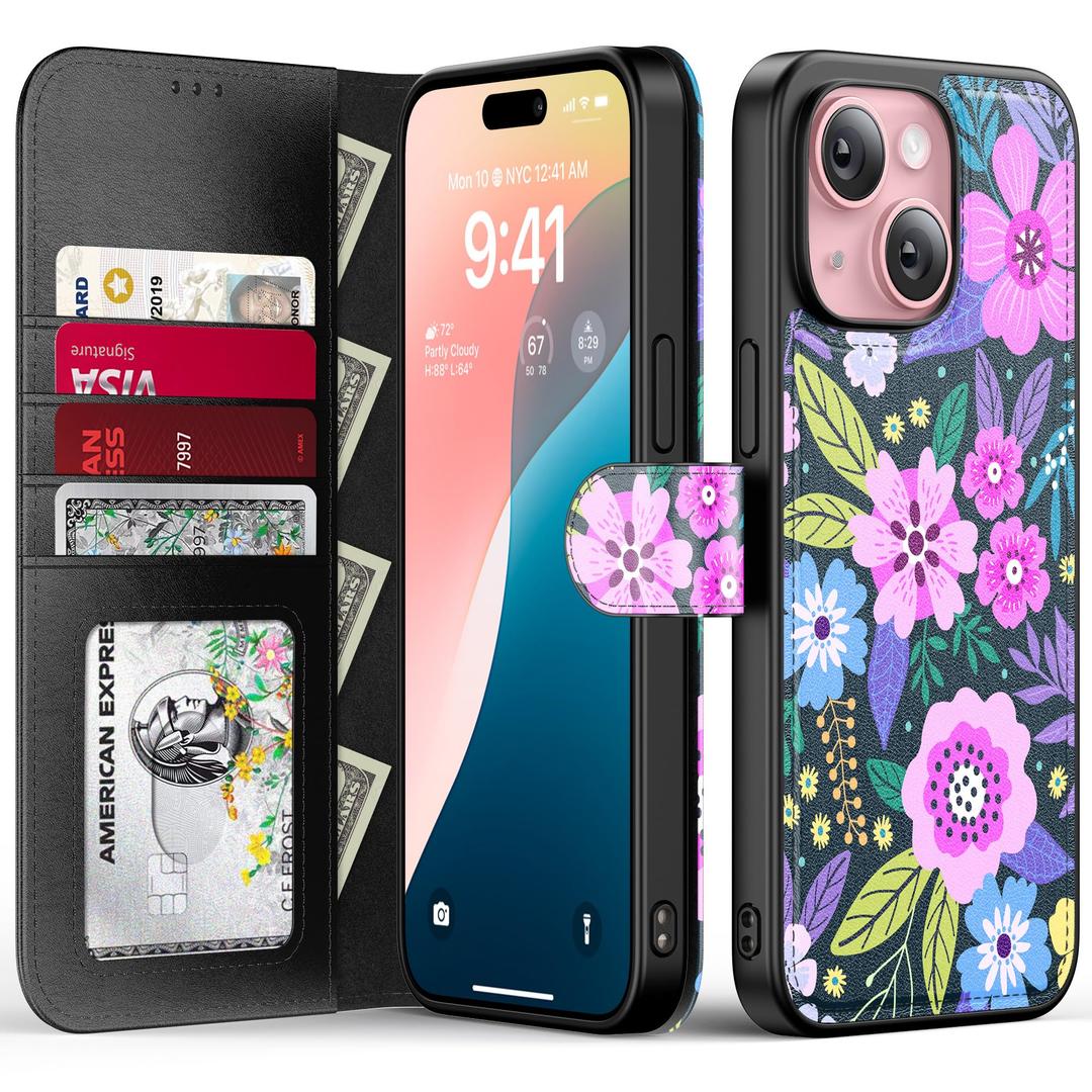 FUNMIKO for iPhone 15 Case Wallet,Detachable Flip Folio Leather Cover,RFID Blocking 4 Card Slots Holder,Magnetic Kickstand,Protective Phone Shell for Women Girls,Vibrant Flowers