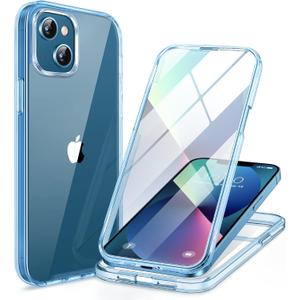 Miracase Glass iPhone 13 Case 6.1 inch, 2023 Upgrade Full-Body Clear Bumper Case with Built-in 9H Tempered Glass Screen Protector for iPhone 13,Clear Blue