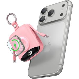 Portable Charger, 10000mAh 22.5W Fast Charging Power Bank with Built-in Cables, Travel Essentials Battery Pack with LED Display for iPhone, Portable iWatch Charger for 11/10/9/8/7/6/5/4/SE/Ultra Pink