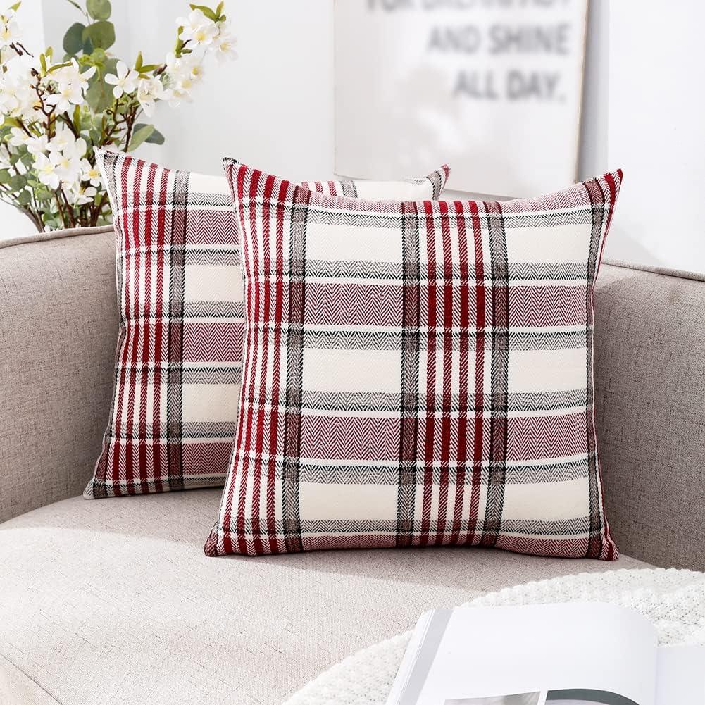 CARRIE HOME Red Tartan Christmas Plaid Pillow Covers 20x20 Set of 2 Farmhouse Buffalo Plaid Red Striped Throw Pillow Cover for Living Room Couch Sofa