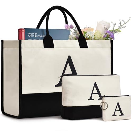 GASSDA Initial Canvas Tote Bag, Birthday Gifts For Women, Monogram Personalized Gifts For Women Mom Teachers Bridesmaids
