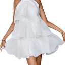 MakeMeChic Women's Wedding Guest Halter Mini Dress Ruffle Layered Sleeveless Summer Short Dress Flowy Small