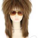 yuehong Long Dark Brown Women Wig Mullet Wig 70s 80s Rocker Wig Heavy Metal Style Cosplay Costume Wig with Necklace