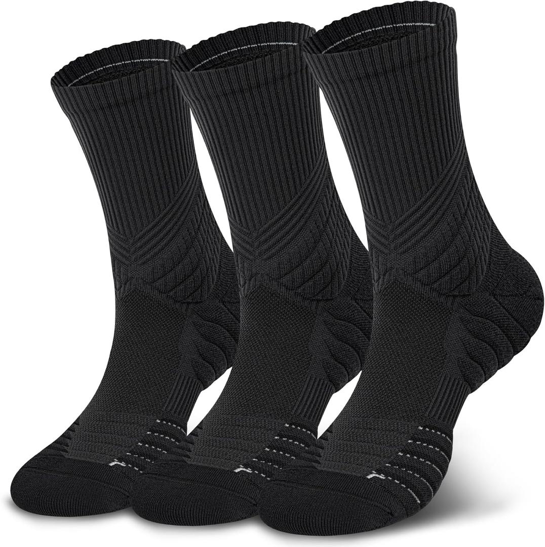 Hylaea Compression Running Socks for men, Coolmax Anti-Blister Cushion Crew Socks for Athletic, Moisture Wicking & Seamless (Medium, Black 3 Pairs)