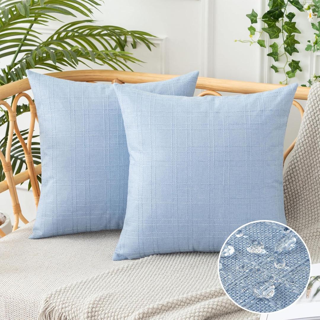 UGASA Outdoor Throw Pillow Covers Pack of 2 Plaid Texture Waterproof Farmhouse Linen Decorative Square Cushion Pillows Covers for Patio Porch Outside Yard Garden Bench 18x18 Inch, Light Blue