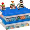 MACOPRO Toys Storage Organizer Box for Lego, Toy Box with Building Plate Lid and Removable Tray, Building Block Storage, Stackable Plastic Organizer Bins (Blue-2Pack)