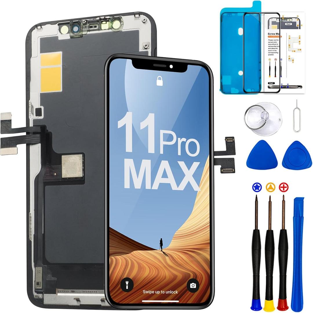 for iPhone 11 Pro Max Screen Replacement Kit 6.5 inch Full HD LCD Display 3D Touch Digitizer Assembly(Model A2161, A2218, A2220) with Repair Tools Screen Tempered Protector