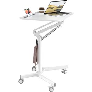 JOY worker Mobile Standing Desk, 28" White Rolling Laptop Desk with Wheels | Small Portable Sit-Stand Workstation Height Adjustable, Slim Ergonomic Teacher Stand Up Desk with Cup Holder for Home Office