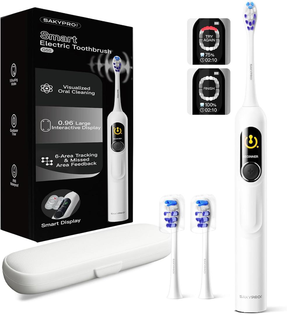 Electric Toothbrush with AI Smart Screen for Adults Kids | 150-Day Battery, Real-Time Brushing Map | Whitening Mode, 3-Min Timer, Travel Case | Family Sonic Electric Tooth Brush (G5S White)