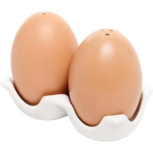 MyGift Ceramic Salt and Pepper Shaker Set, Mini Brown Egg Shaped Shakers with Carton Design Holding Stand, 3 Piece