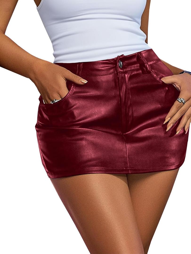 Avanova Women Faux Leather Short Skorts High Waisted Bodycon Sexy Mini Skirts Red Medium
