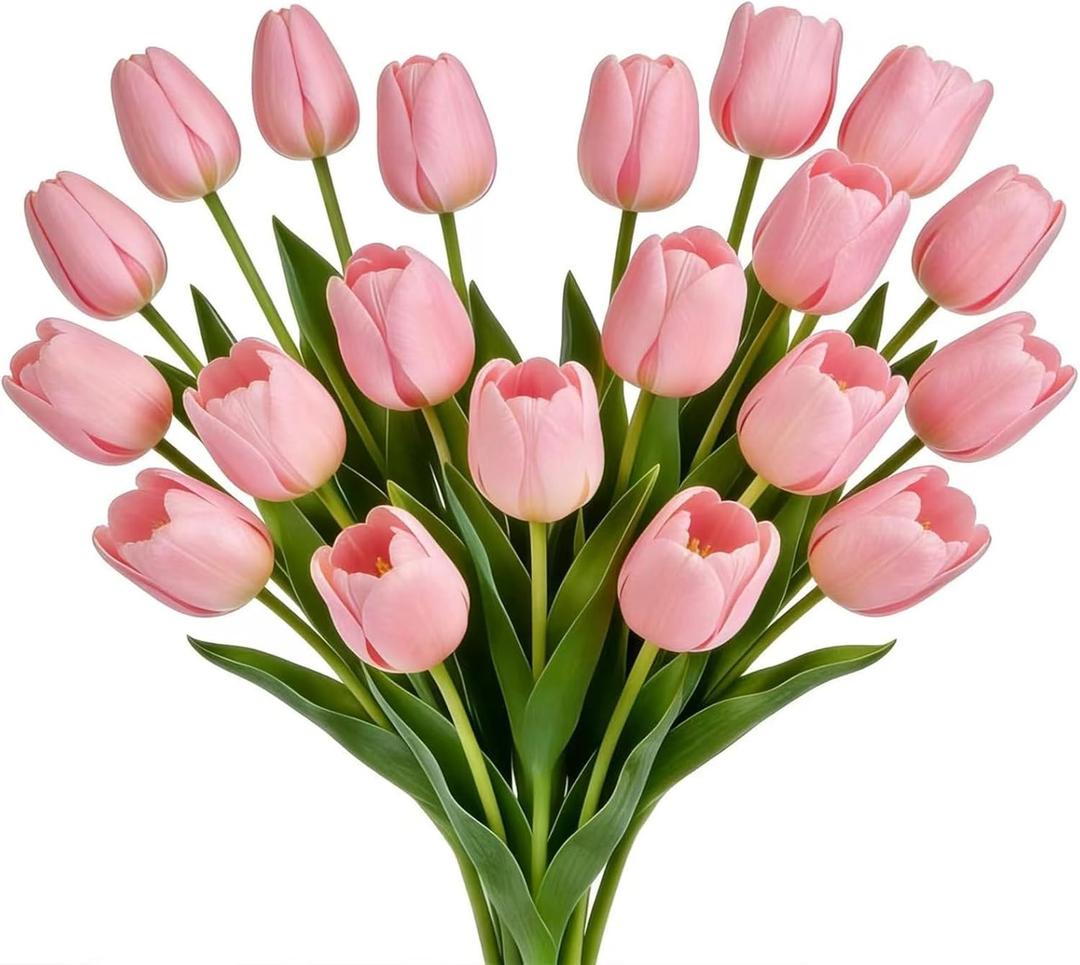 16 inch Fake Tulips Artificial Flowers, 20PCS Real Touch Fakes Tulip Plants for Bridesmaid Bouquet and Wedding Ceremony Festivals Anniversary Bridal Rehearsal Party Bar Table Decor-Pink