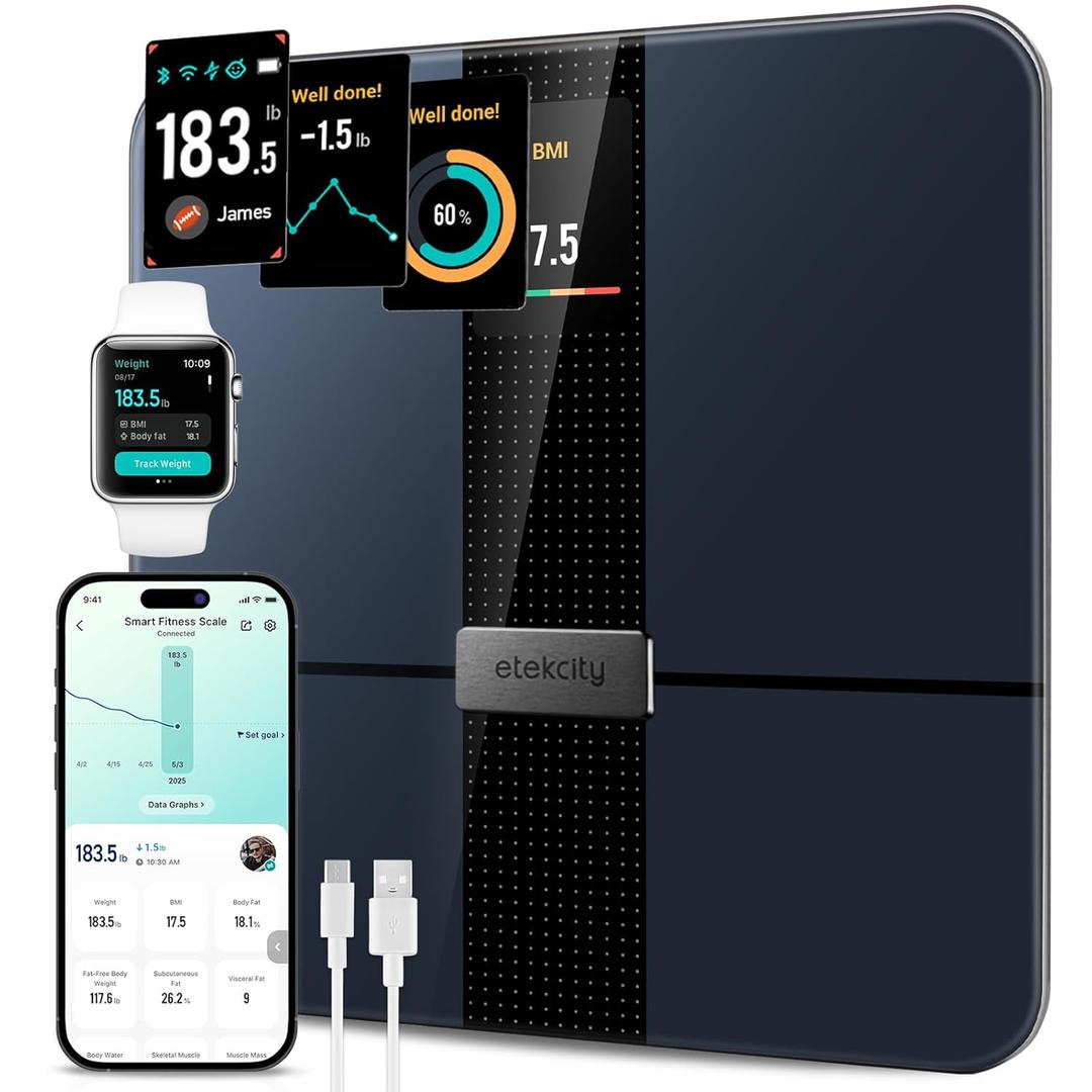 Etekcity Smart Scale for Body Weight Fat, Digital Bathroom Weighing Machine for Accurate BMI Muscle Mass Composition, Home Use Apple Health Compatible Fitness Equipment (11.9 x 11.9 x 0.95 inches, Color Screen-Black)