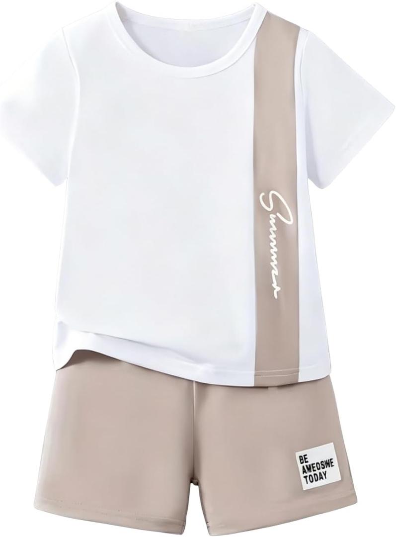 Ayzozuy Boy Clothes Colorblock Top + Drawstring Waist Shorts 2 Pieces Kid Summer Outfits Set (White)