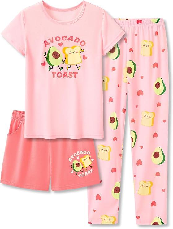 Tebbis Trendy Pink Avocado Cute Pajamas for Girls 3 Pieces Soft Tee Shorts & Pants PJ Comfy Jammies Set Size 6