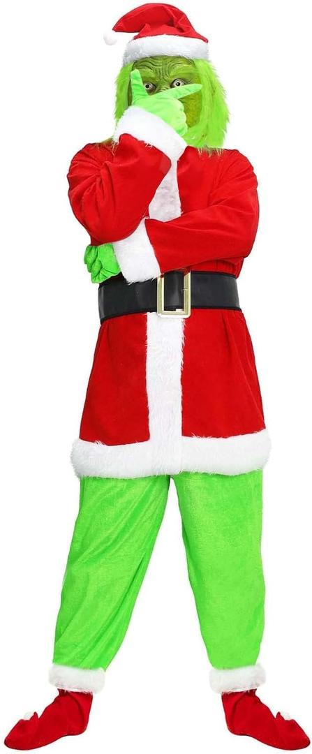 XZCYAMPF 6pcs Green Plush Christmas Monster Costume with Mask Adult Men's Cosplay for Holiday Outfit (Green, M)