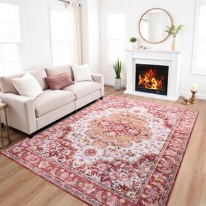 8x10 Area Rugs for Living Room, Soft Low Pile Non-Slip Vintage Floral Large Area Rug, Foldable Washable Rug, Carpet for Bedroom, Dining Room, Bedside, Farmhouse, Office, Dorm(Red, 8'10')