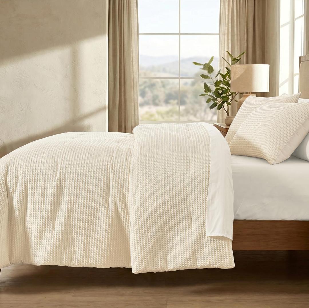 Wonderful Cotton Waffle Weave Comforter Set King Size, 3 Piece Cream Textured 3D Waffle Lightweight Comforter Set, Soft & Breathable, Pet-Friendly All-Season Bedding for Hot Sleepers