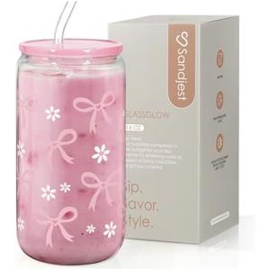 SANDJEST Bow Glass Can, Bows Cup With Lid & Straw, Iced Coffee Aesthetic Cups, Idea Gift for Christmas Birthday Mother Day, Gifts For Women, 16oz