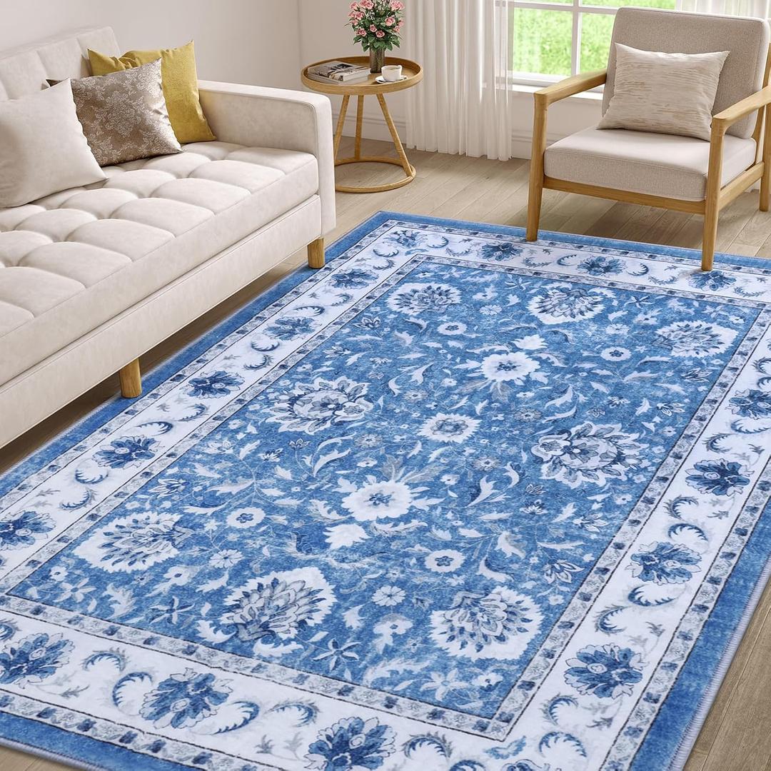 Smiry Floral Area Rug, 6x9 Feet Vintage Print Pattern, Machine Washable Non-Slip Floor Carpet, Low Pile Throw Rugs for Living Room, Bedroom, Dining Room, Laundry Indoor Home Decor, Blue