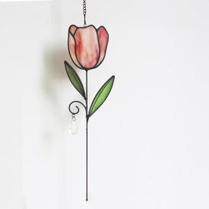 Stained Glass Tulip Window Hanging Panel, Flower Sun Catcher Home Decoration Gift for Mothers, Wives, Girlfriends, and Lovers (Pink, Green B)