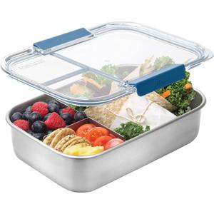 Stainless Steel Bento Lunch Box, 3 Compartments, Blue, Size: 1.3 L / 44fl oz