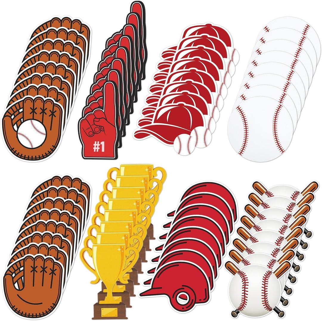 Seajan 200 Pcs Baseball Cutouts for Bulletin Board Baseball Paper Cutouts Gloves Hat Ball Cut Outs Baseballs Party Decorations with 400 Glue Points for Sports Theme Birthday Party Decor