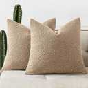 Woaboy Pack of 2 20x20 Inch Decorative Boucle Throw Pillow Covers Textured Square Pillowcaes Accent Solid Cozy Soft Cushion Covers Home Decor for Sofa Couch Living Room Home Decor,Khaki