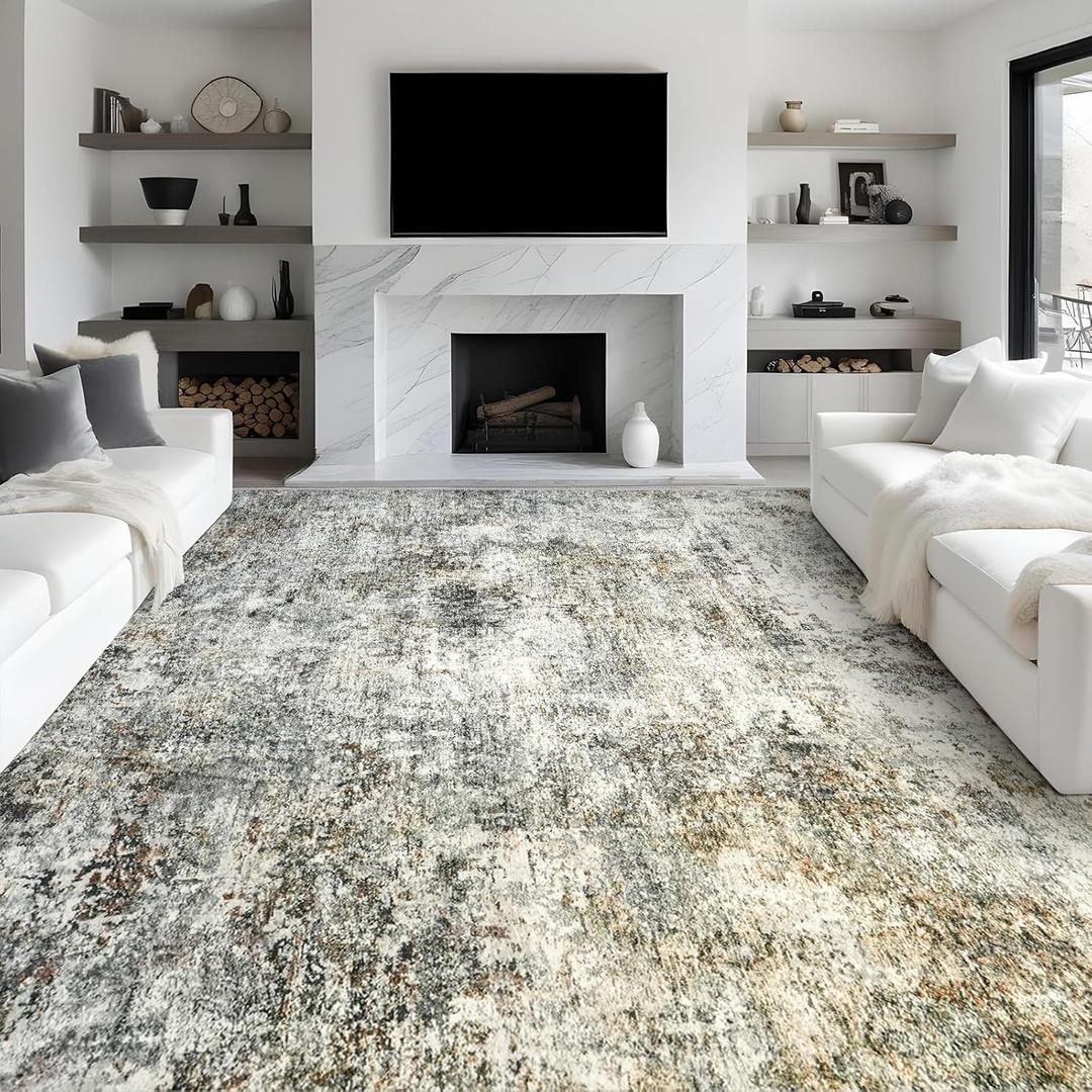 Abstract 9x12 Washable Rug: Modern Ultra Non Slip Area Rug Soft Carpet Foldable Distressed Stain Resistant Neutral Rugs for Living Room Bedroom Decor Large Indoor Farmhouse Rug 9'x12' Brown Gray